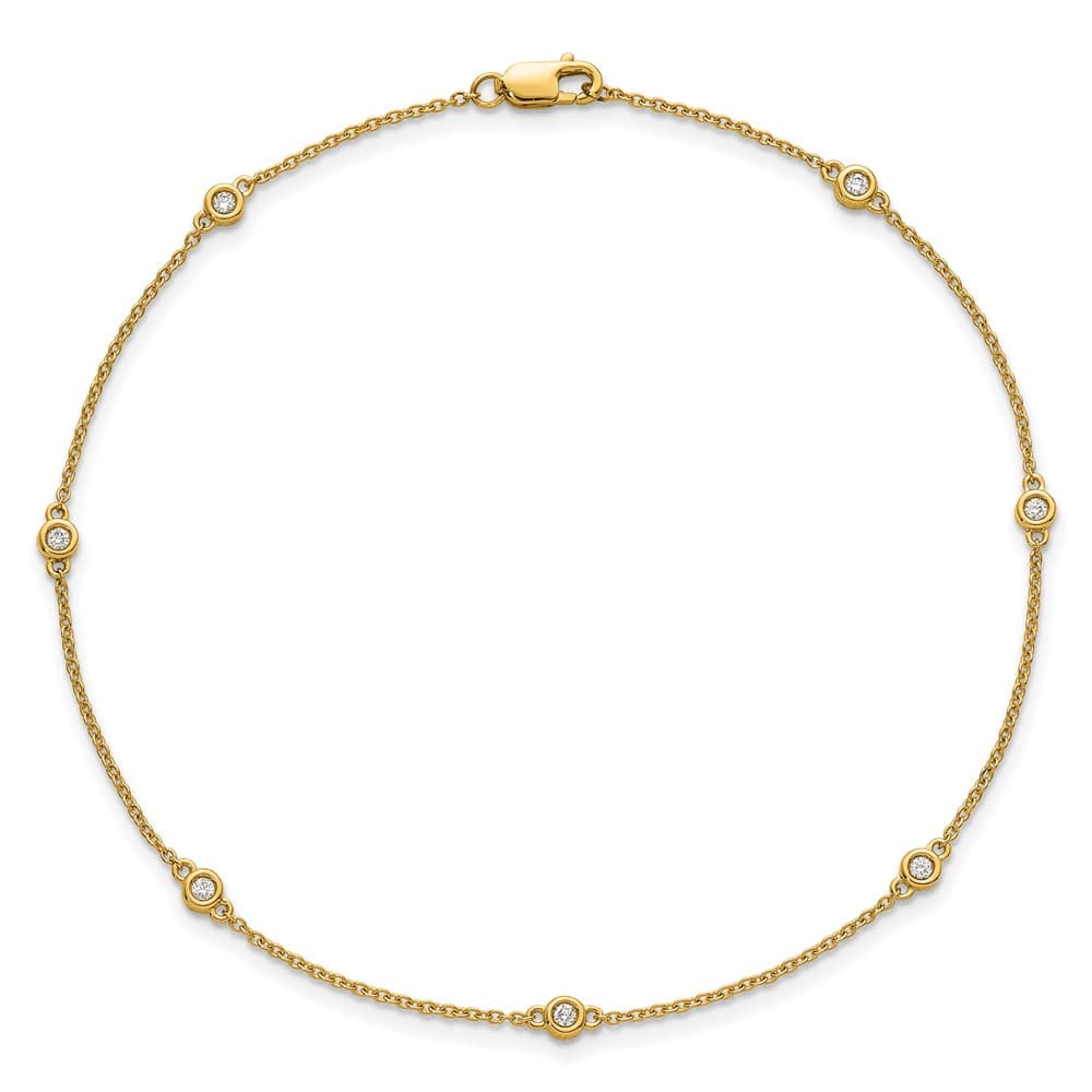 14K Yellow Gold 1/8 carat Bezel-set Diamond and Cable 7-Station Anklet