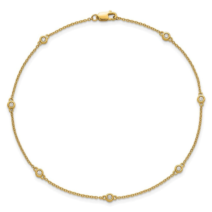 14K Yellow Gold 1/8 carat Bezel-set Diamond and Cable 7-Station Anklet