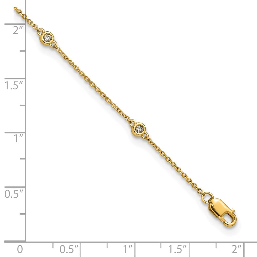 14K Yellow Gold 1/8 carat Bezel-set Diamond and Cable 7-Station Anklet