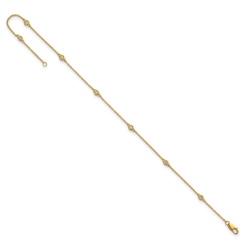 14K Yellow Gold 1/8 carat Bezel-set Diamond and Cable 7-Station Anklet
