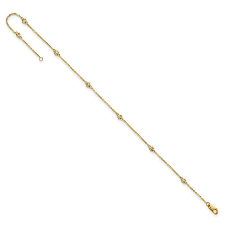 14K Yellow Gold 1/8 carat Bezel-set Diamond and Cable 7-Station Anklet