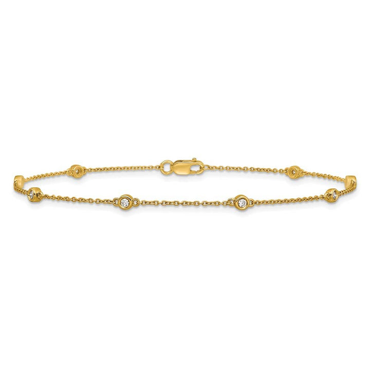 14K Yellow Gold 1/8 carat Bezel-set Diamond and Cable 8-Station Anklet