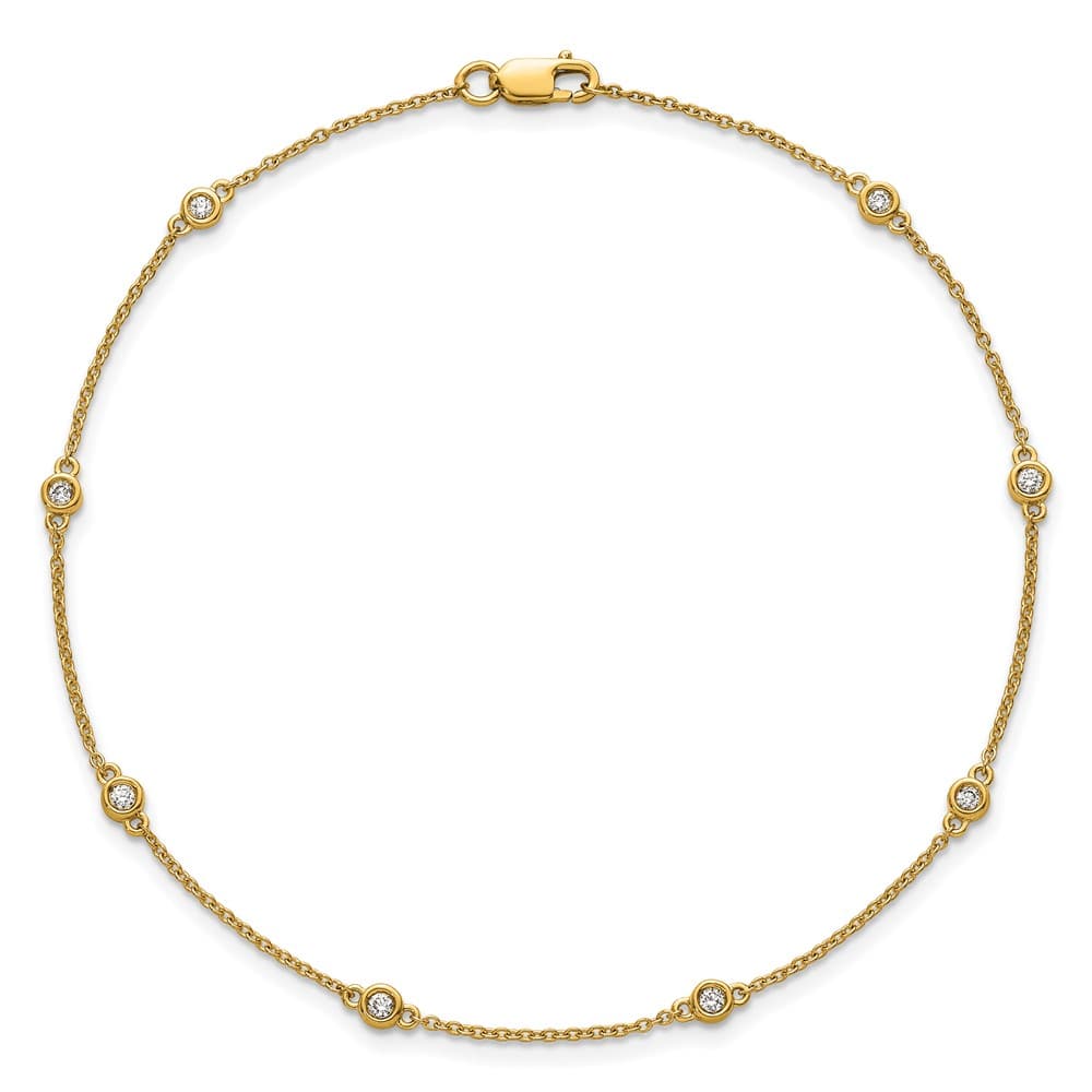 14K Yellow Gold 1/8 carat Bezel-set Diamond and Cable 8-Station Anklet