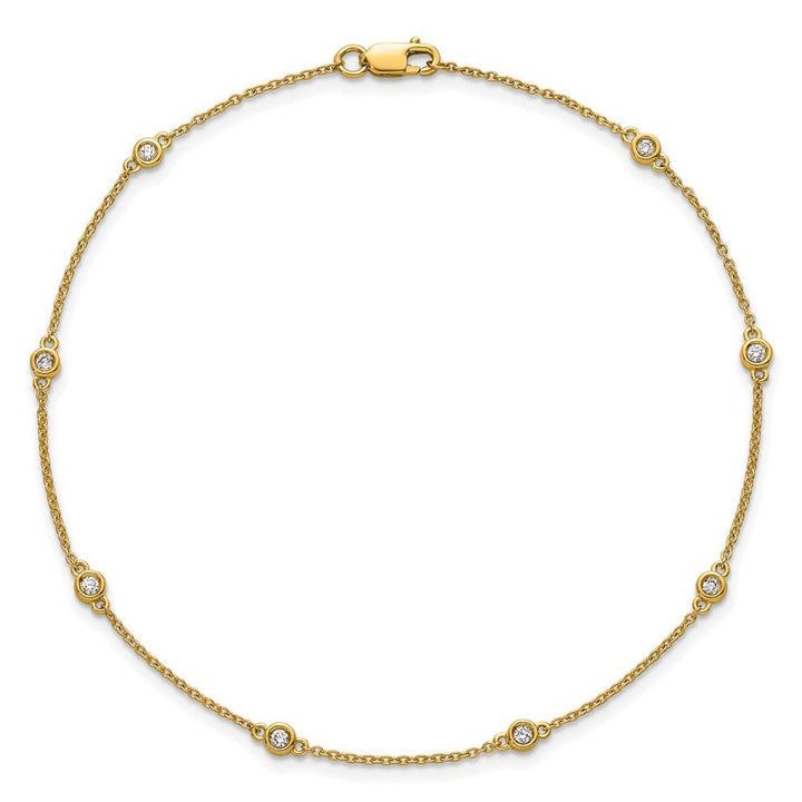 14K Yellow Gold 1/8 carat Bezel-set Diamond and Cable 8-Station Anklet