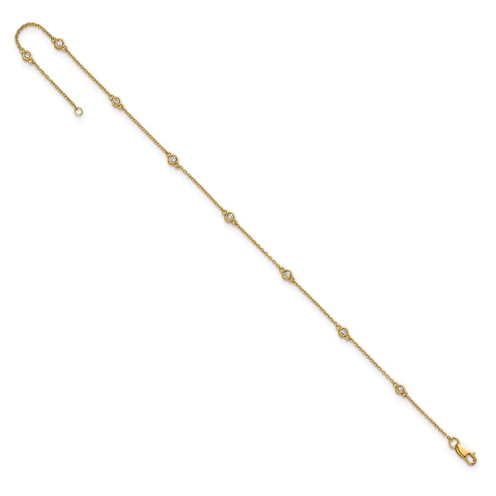 14K Yellow Gold 1/8 carat Bezel-set Diamond and Cable 8-Station Anklet