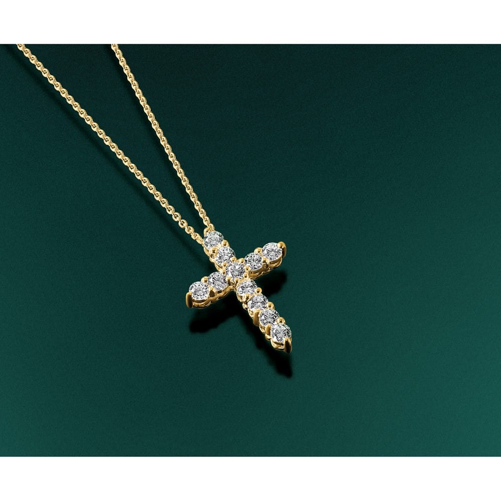 14K Yellow Gold 1 carat Diamond Cross Pendant 18 inch Necklace