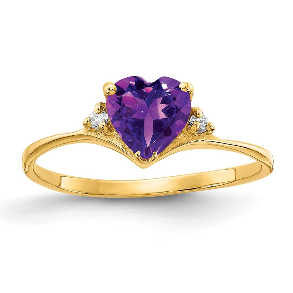 14k Yellow Gold 1 mm 1.16 g 6 mm Heart Amethyst and Diamond Ring