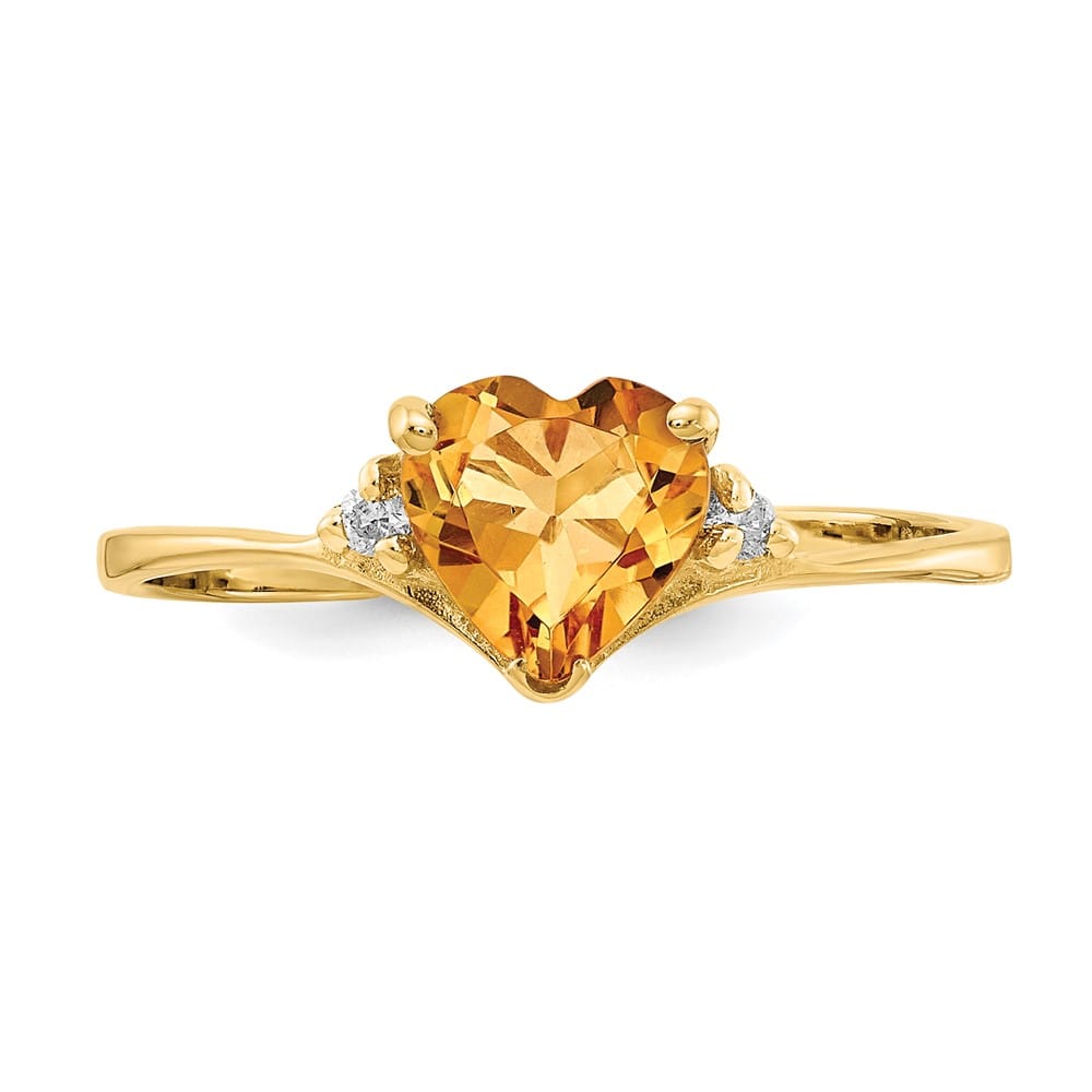 14k Yellow Gold 1 mm 1.16 g 6 mm Heart Citrine and Diamond Ring