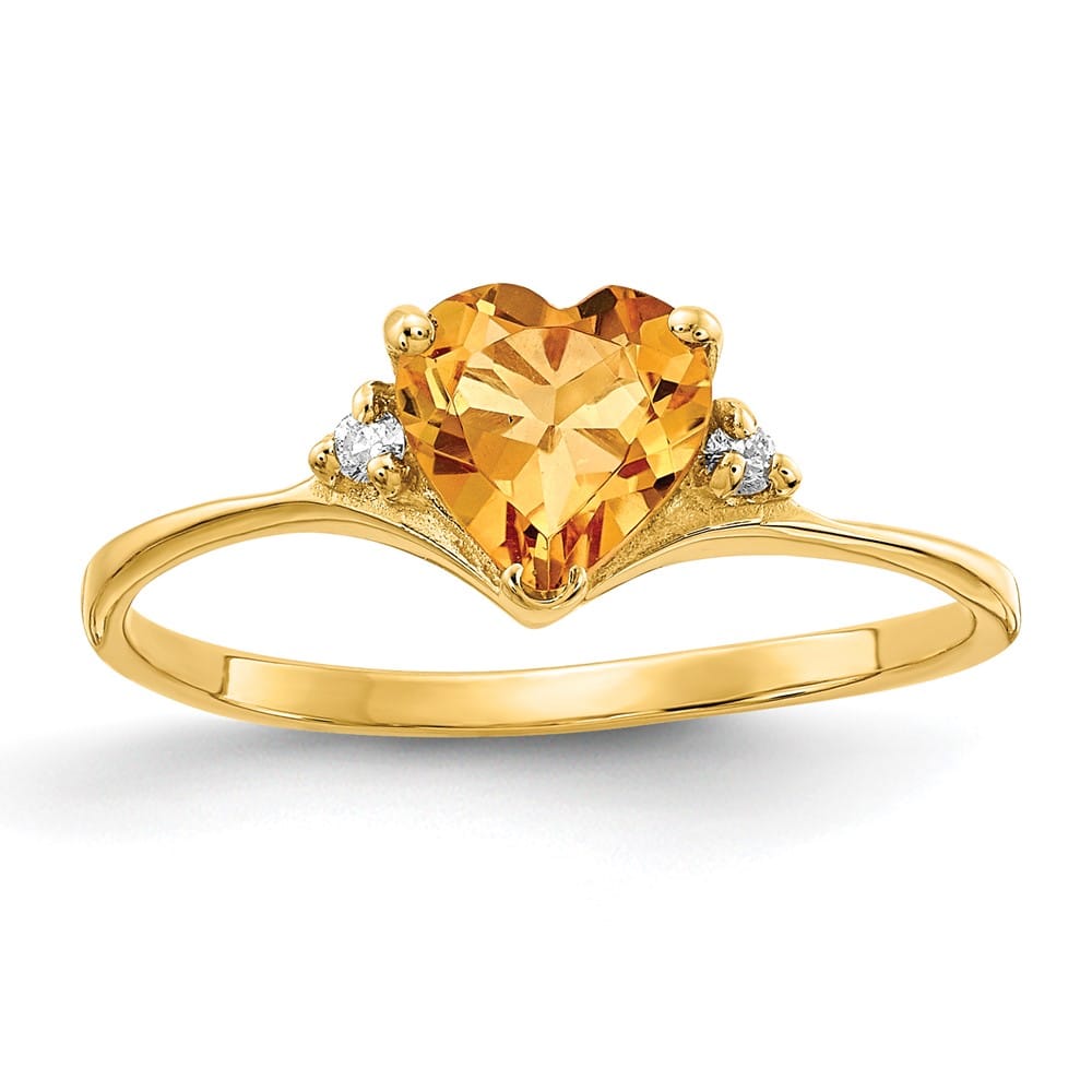 14k Yellow Gold 1 mm 1.16 g 6 mm Heart Citrine and Diamond Ring