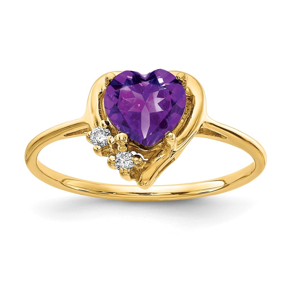 14k Yellow Gold 1 mm 1.78 g 6 mm Heart Amethyst and Diamond Ring