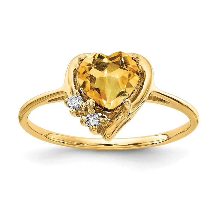 14k Yellow Gold 1 mm 1.78 g 6 mm Heart Citrine and Diamond Ring