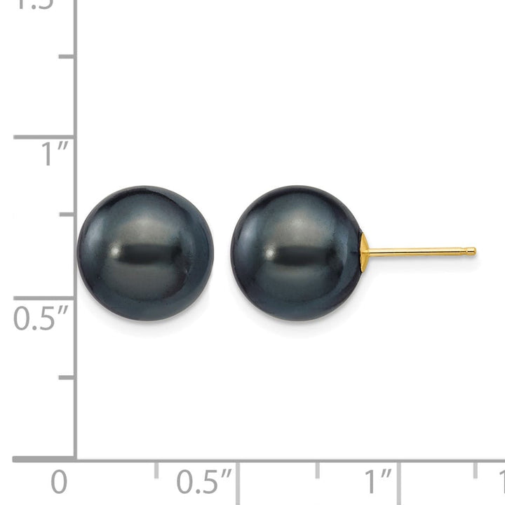 14K Yellow Gold 10-11mm Black Round Pearl Stud Post Earrings, view 4 of 4