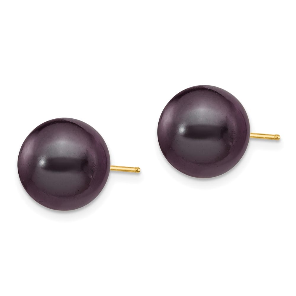 14K Yellow Gold 10-11mm Black Round Pearl Stud Post Earrings, view 2 of 4