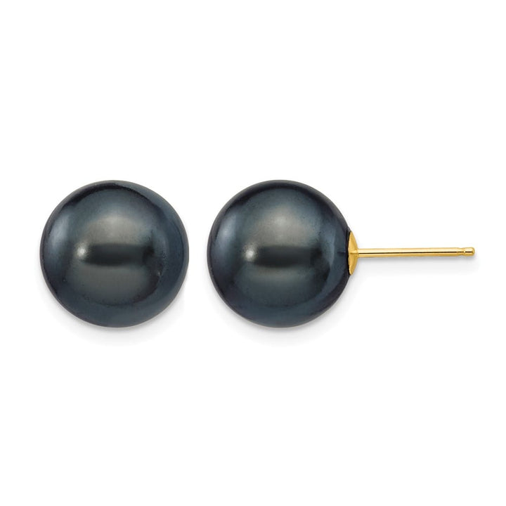14K Yellow Gold 10-11mm Black Round Pearl Stud Post Earrings, view 1 of 4