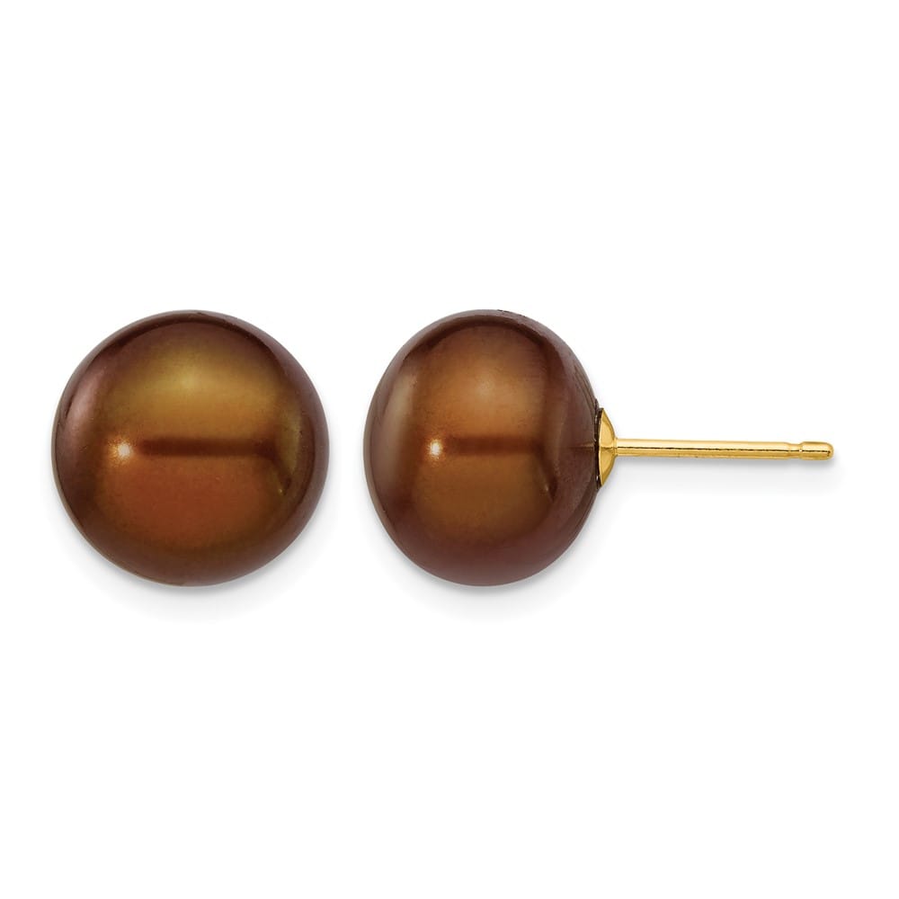 14K Yellow Gold 10-11mm Brown Button Freshwater Pearl Stud Earrings