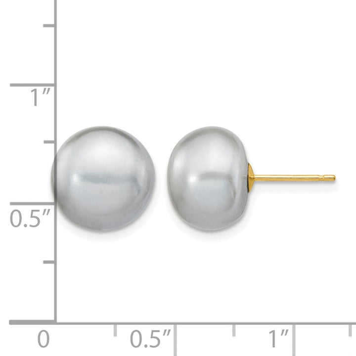14K Yellow Gold 10-11mm Grey Button Freshwater Pearl Stud Earrings