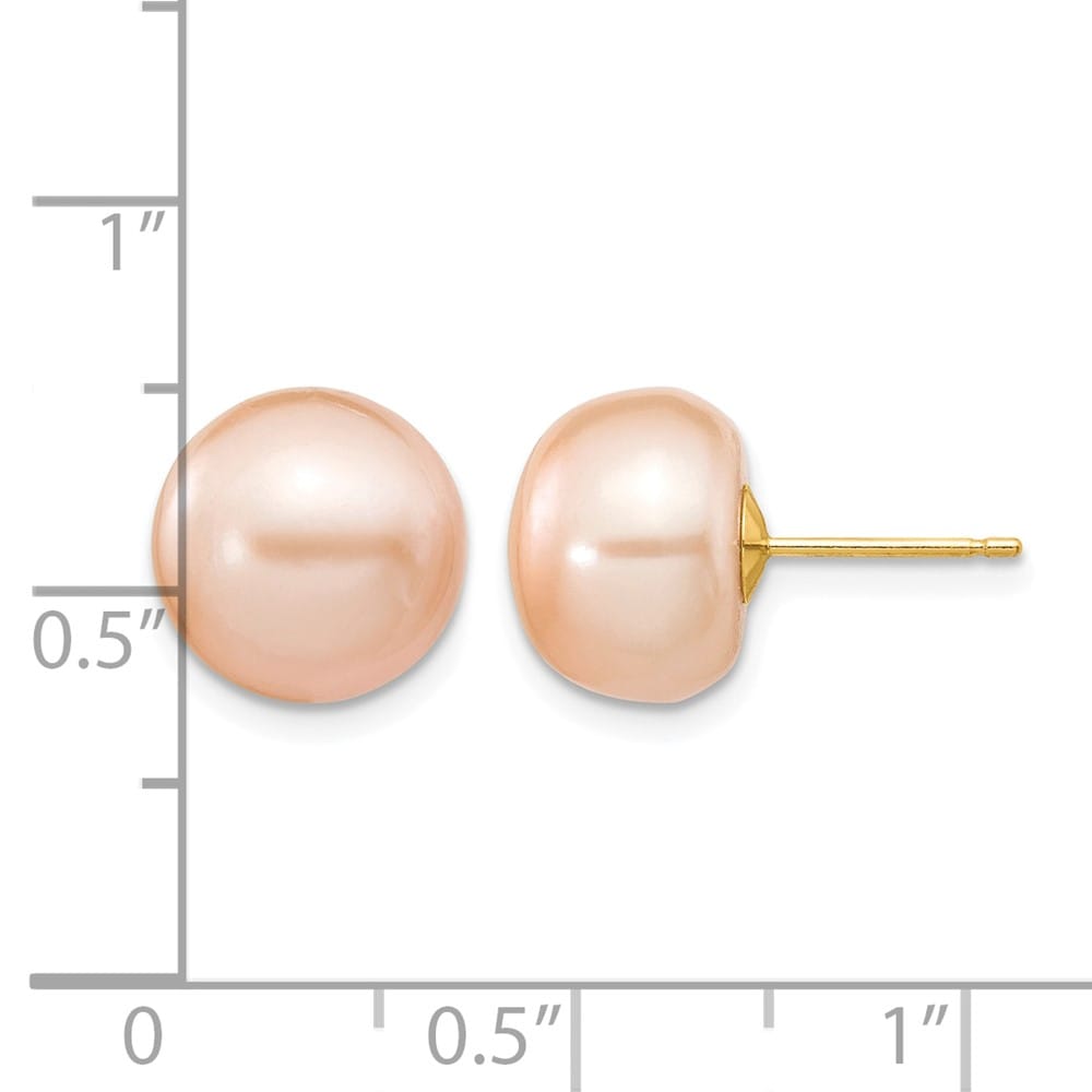 14K Yellow Gold 10-11mm Pink Button Freshwater Pearl Stud Earrings