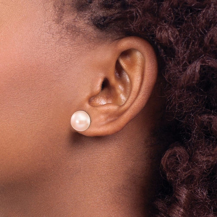 14K Yellow Gold 10-11mm Pink Button Freshwater Pearl Stud Earrings