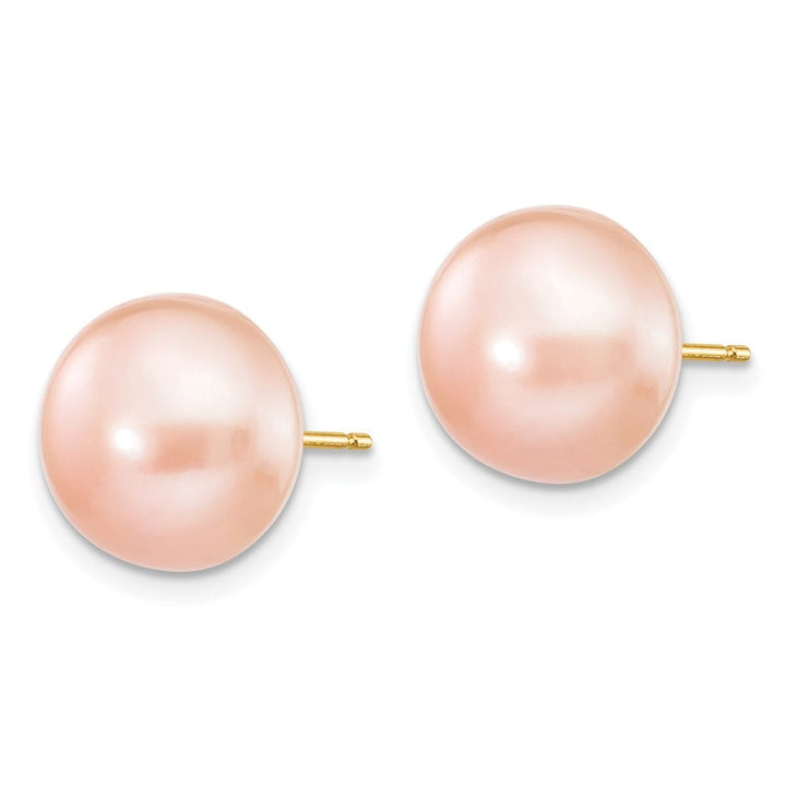 14K Yellow Gold 10-11mm Pink Button Freshwater Pearl Stud Earrings