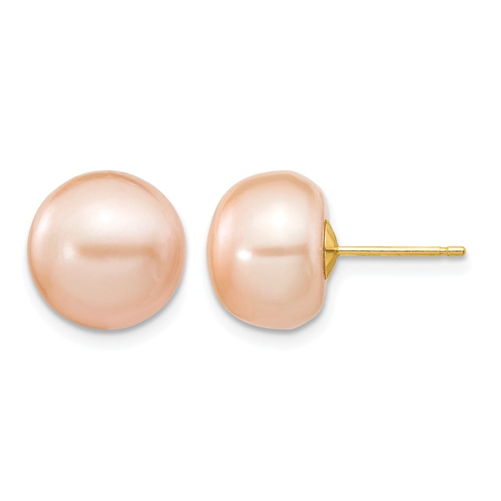 14K Yellow Gold 10-11mm Pink Button Freshwater Pearl Stud Earrings