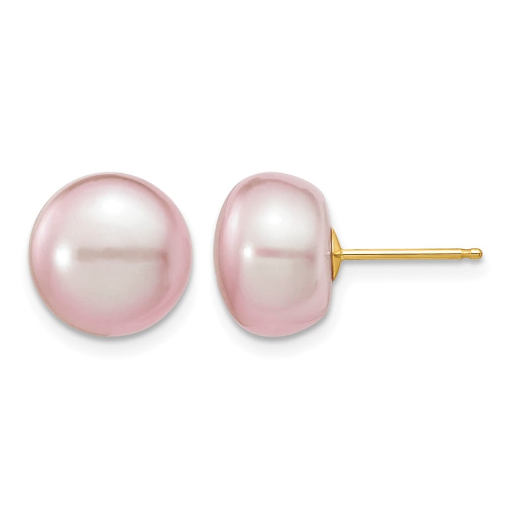 14K Yellow Gold 10-11mm Purple Button Freshwater Pearl Stud Earrings