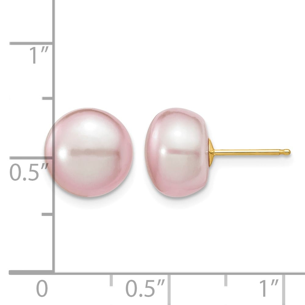 14K Yellow Gold 10-11mm Purple Button Freshwater Pearl Stud Earrings