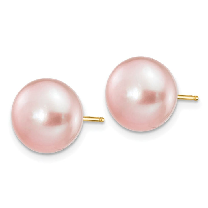 14K Yellow Gold 10-11mm Purple Button Freshwater Pearl Stud Earrings