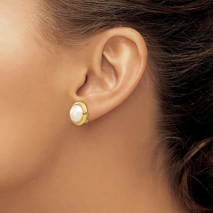14K Yellow Gold 10-11mm White Freshwater Cultured Mabe Pearl Earrings