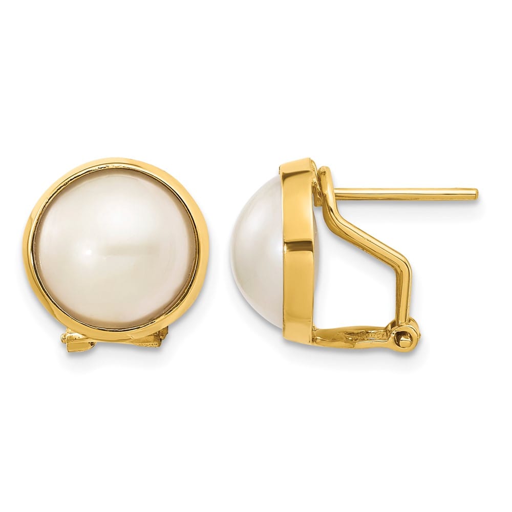 14K Yellow Gold 10-11mm White Mabe Freshwater Pearl Omega Earrings