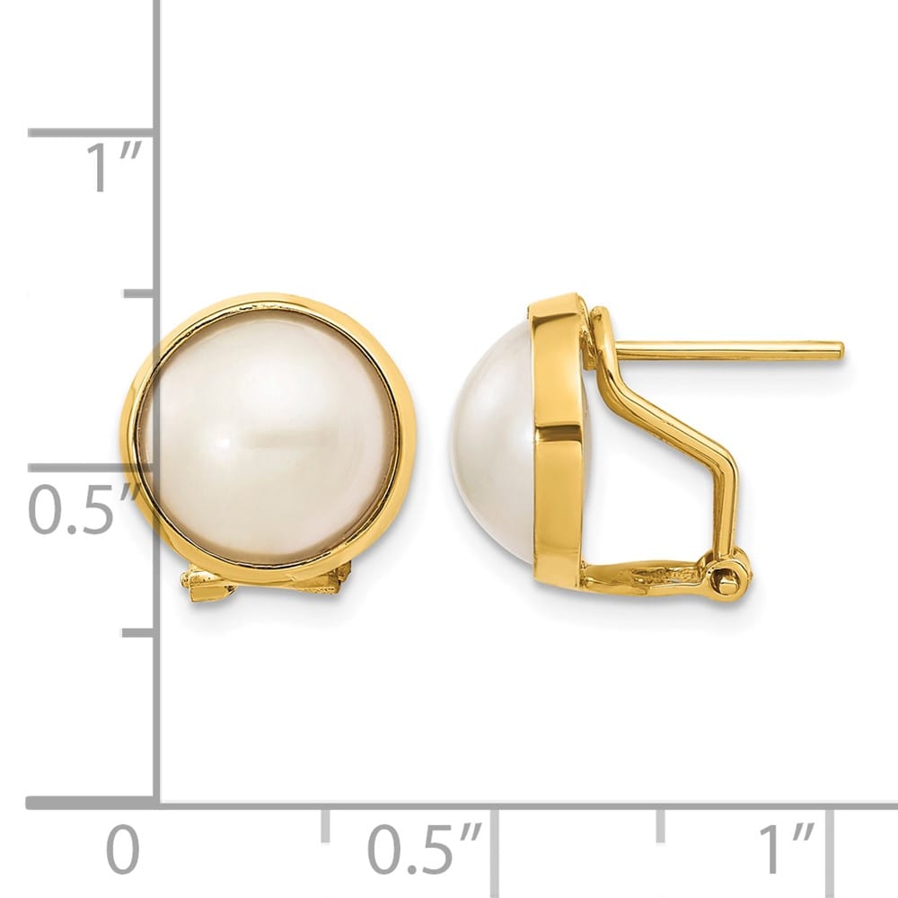 14K Yellow Gold 10-11mm White Mabe Freshwater Pearl Omega Earrings