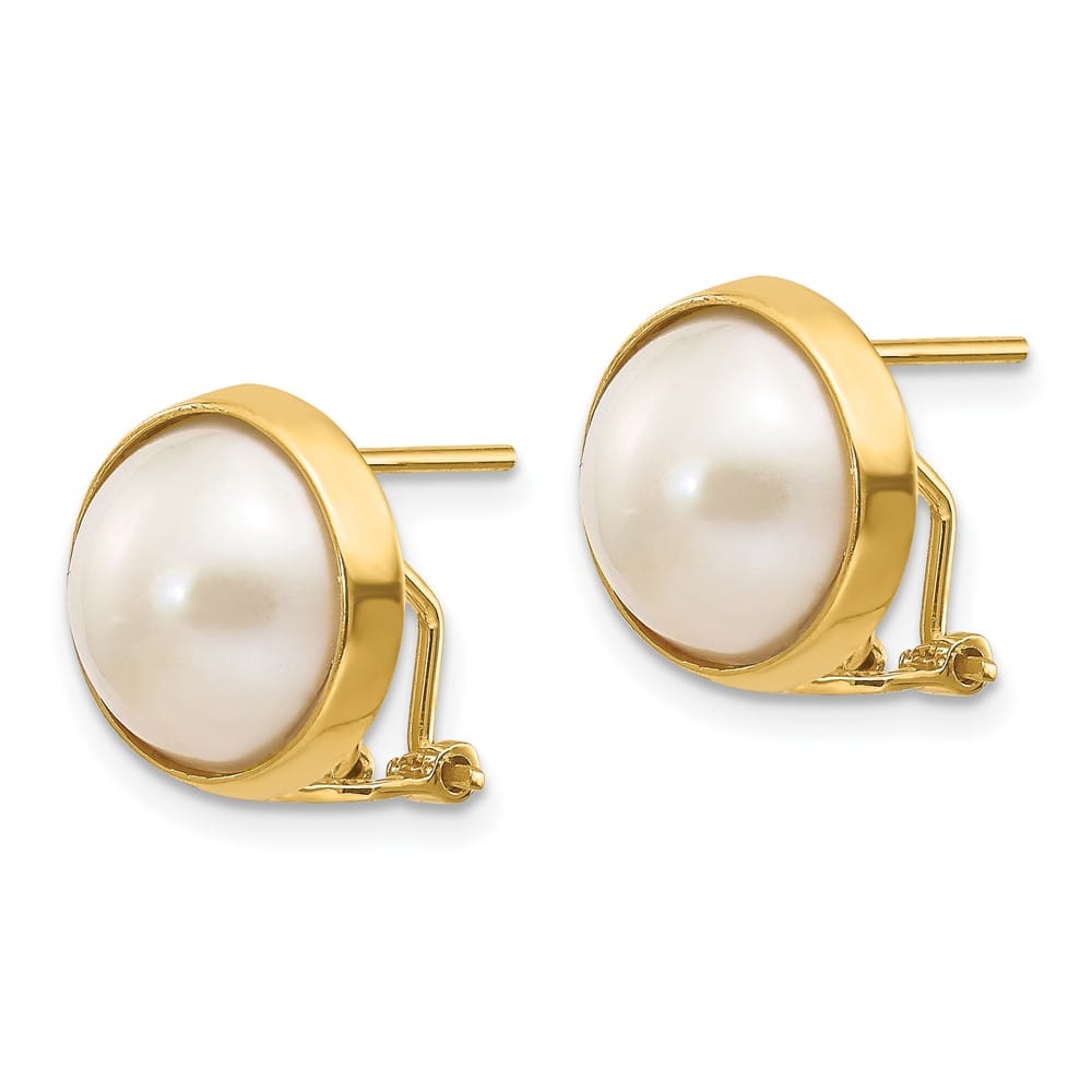 14K Yellow Gold 10-11mm White Mabe Freshwater Pearl Omega Earrings
