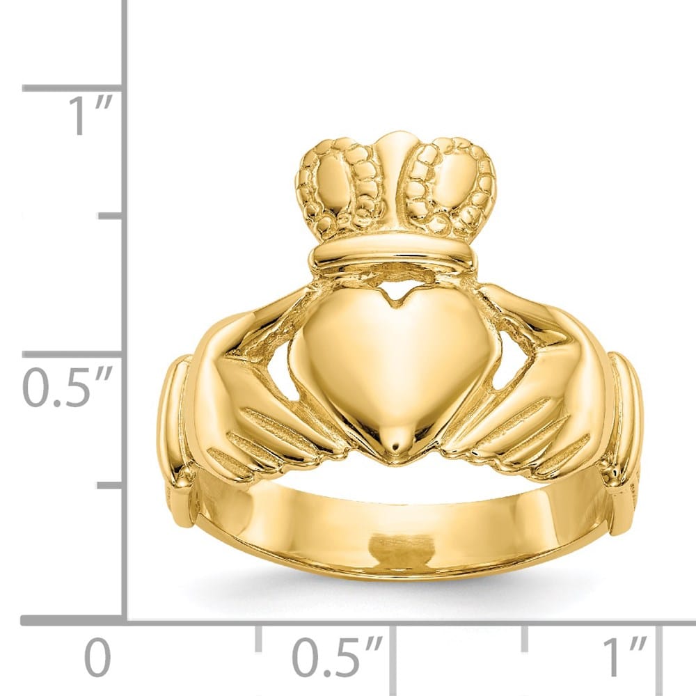 14k Yellow Gold 10 mm Men's Polished Claddagh Ring