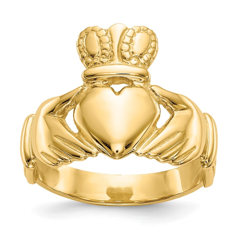 14k Yellow Gold 10 mm Men's Polished Claddagh Ring