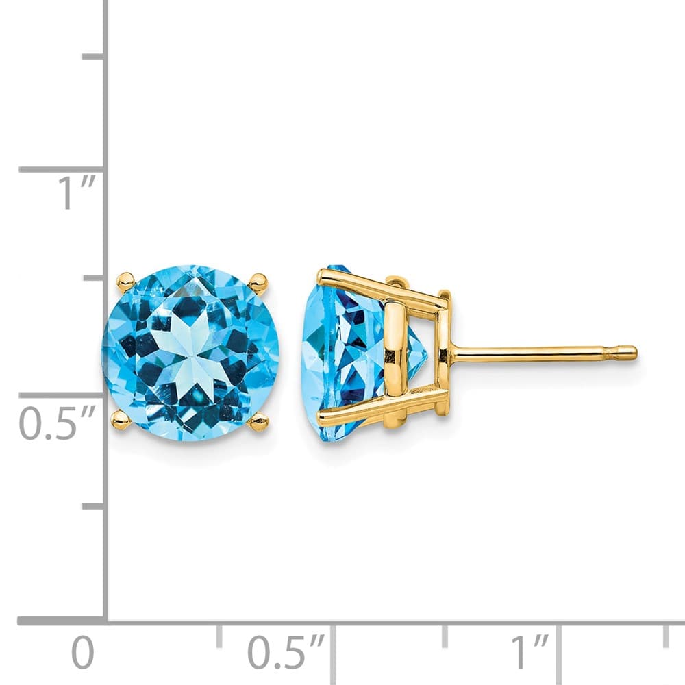 14K Yellow Gold 10mm Round Blue Topaz Post Earrings, view 4 of 4