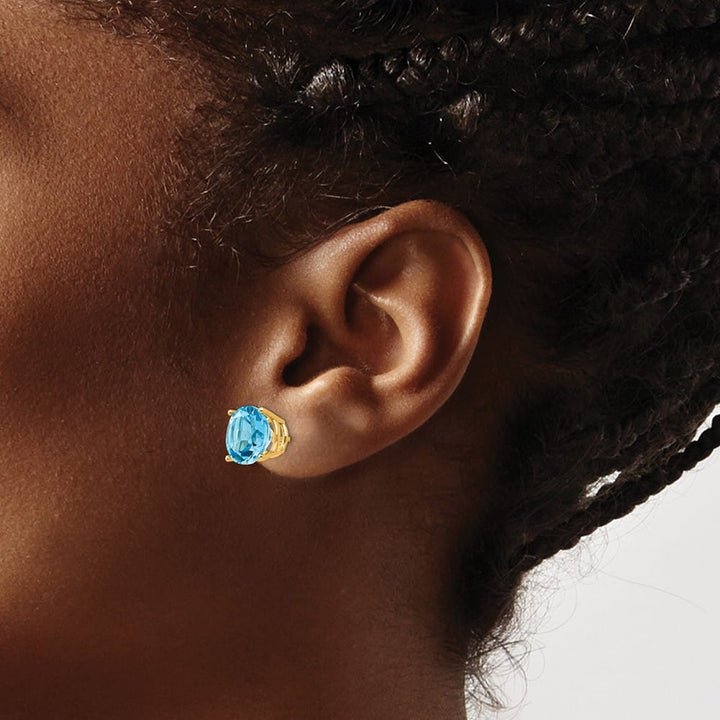 14K Yellow Gold 10mm Round Blue Topaz Post Earrings, view 3 of 4