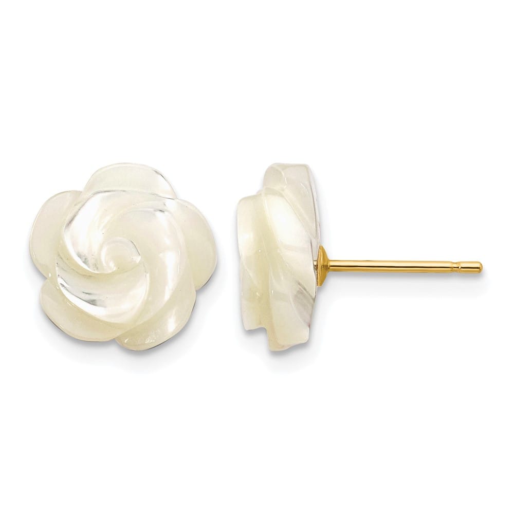 14K Yellow Gold 10mm White Mother of Pearl Flower Design Earrings