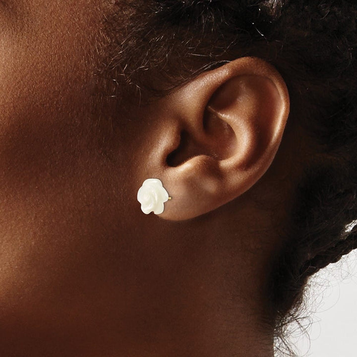 14K Yellow Gold 10mm White Mother of Pearl Flower Design Earrings