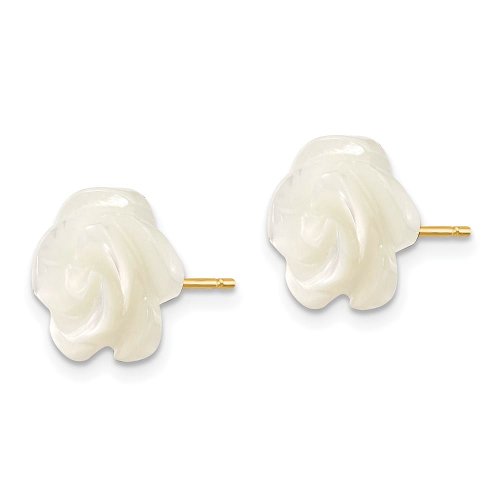 14K Yellow Gold 10mm White Mother of Pearl Flower Design Earrings