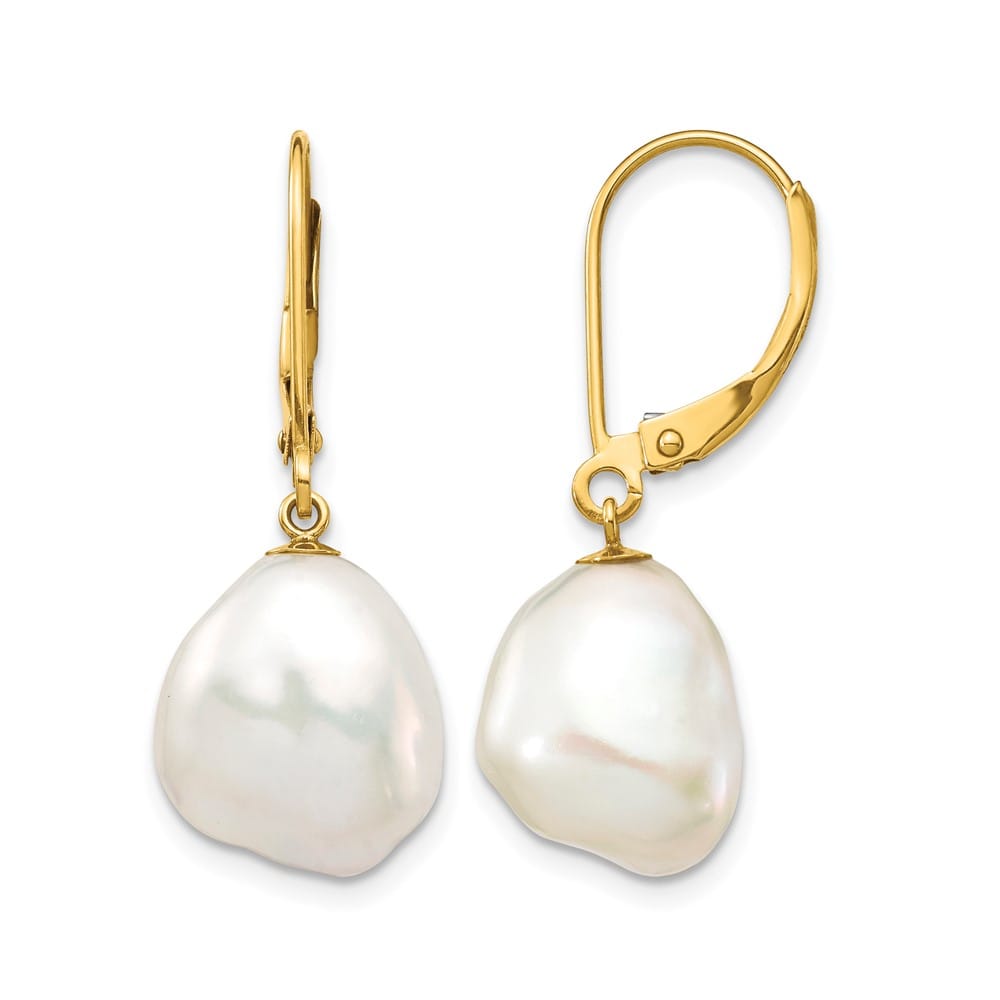 14K Yellow Gold 10x12mm White Keshi Freshwater Pearl Dangle Earrings