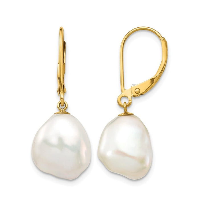 14K Yellow Gold 10x12mm White Keshi Freshwater Pearl Dangle Earrings