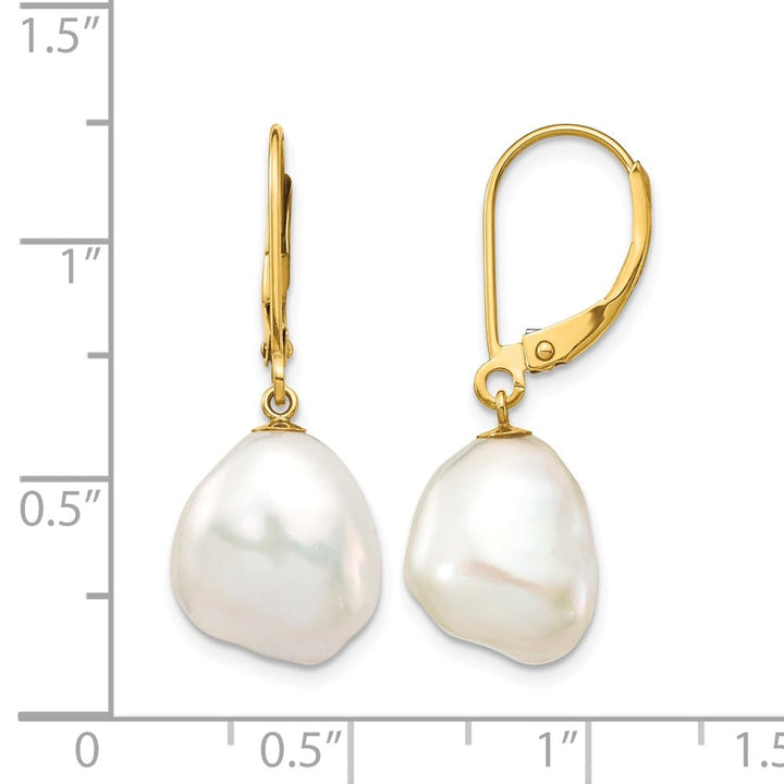 14K Yellow Gold 10x12mm White Keshi Freshwater Pearl Dangle Earrings