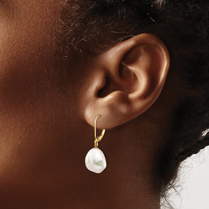 14K Yellow Gold 10x12mm White Keshi Freshwater Pearl Dangle Earrings