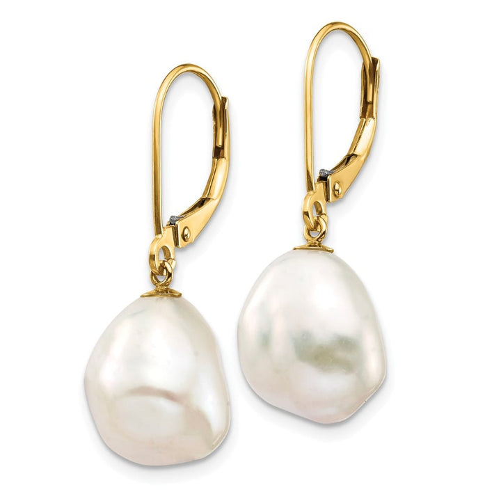 14K Yellow Gold 10x12mm White Keshi Freshwater Pearl Dangle Earrings