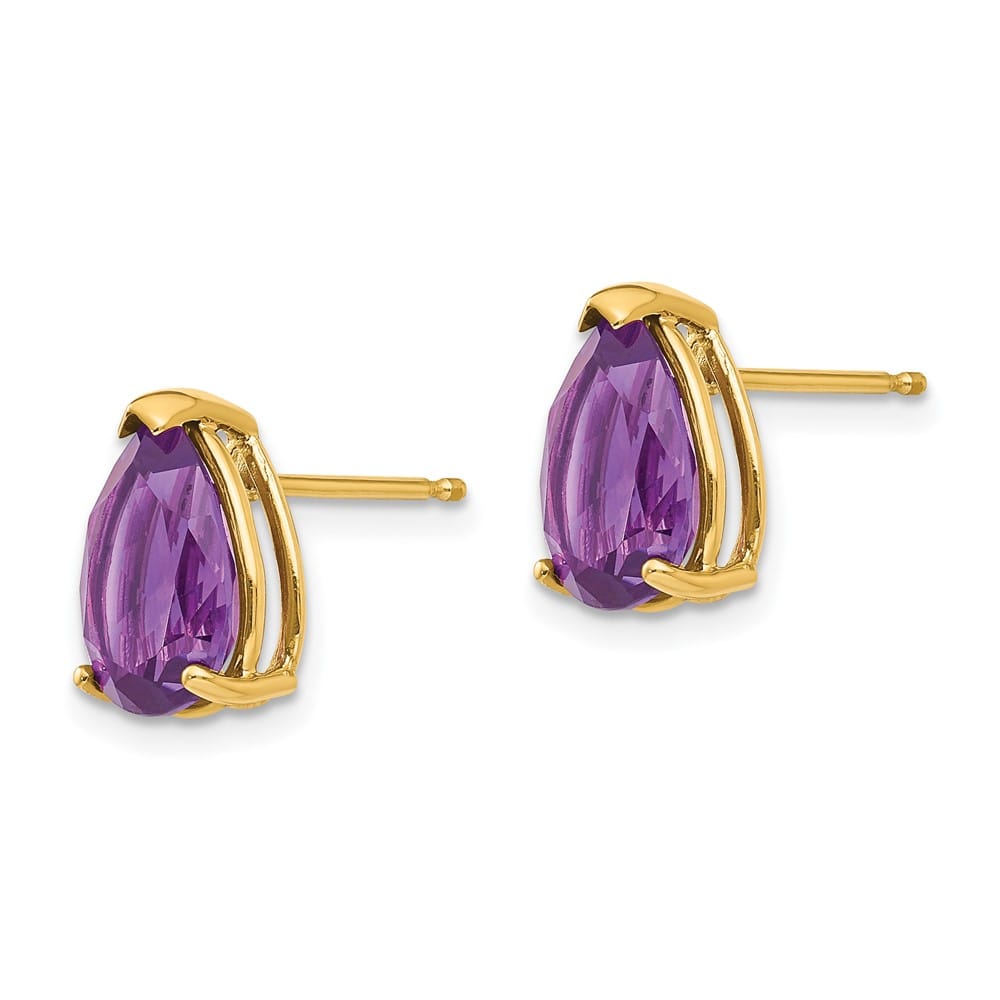 14K Yellow Gold 10x7mm Pear Amethyst Post Earrings, view 2 of 4