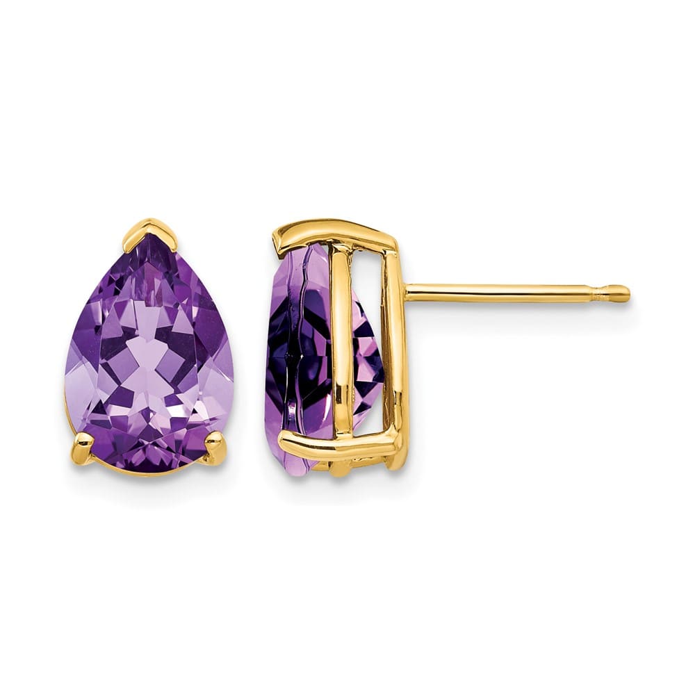 14K Yellow Gold 10x7mm Pear Amethyst Post Earrings, view 1 of 4