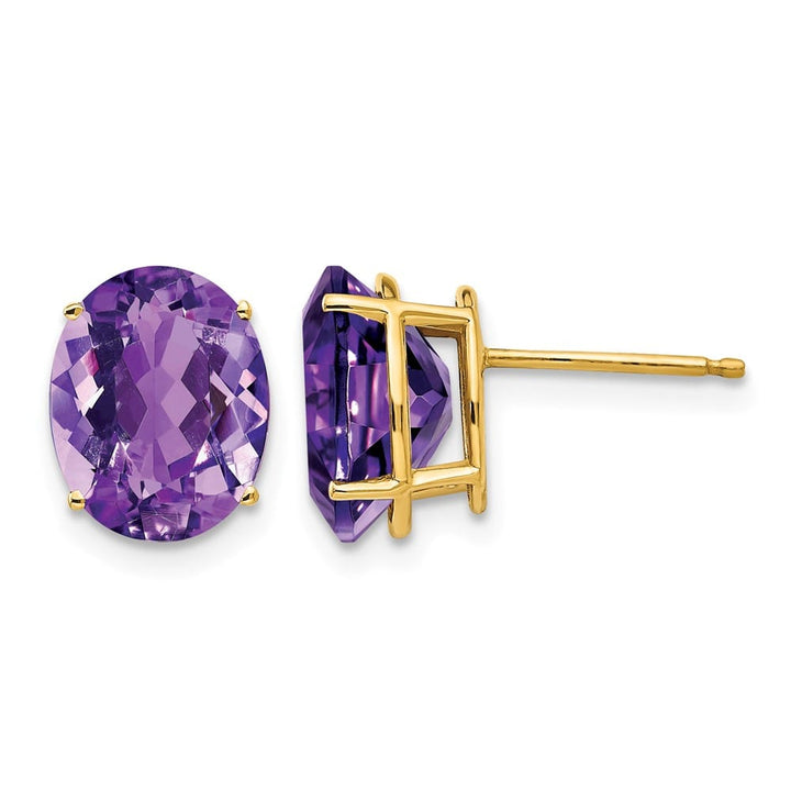 14K Yellow Gold 10x8mm Oval Amethyst Post Earrings, view 1 of 4
