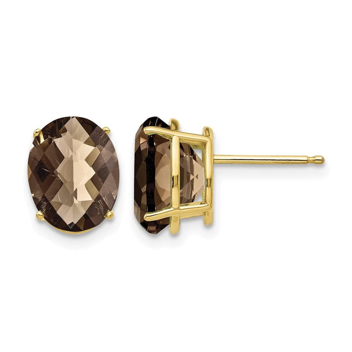 14K Yellow Gold 10x8mm Oval Checker-Cut Smoky Quartz Post Earrings, view 1 of 4