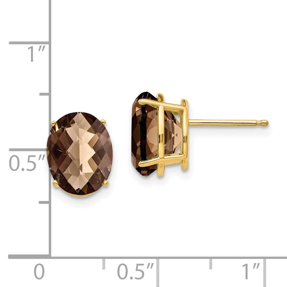 14K Yellow Gold 10x8mm Oval Checker-Cut Smoky Quartz Post Earrings, view 4 of 4