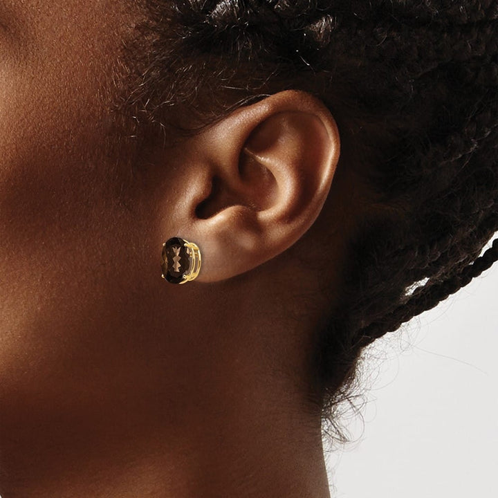 14K Yellow Gold 10x8mm Oval Checker-Cut Smoky Quartz Post Earrings, view 3 of 4