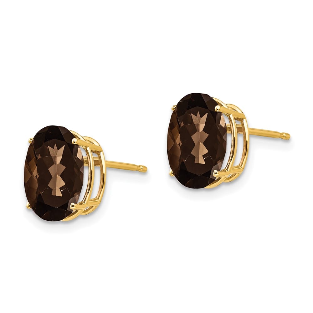 14K Yellow Gold 10x8mm Oval Checker-Cut Smoky Quartz Post Earrings, view 2 of 4